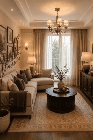 Cozy beige sectional sofa with soft neutral pillows in a warm modern farmhouse living room featuring natural textures, ambient lighting, and elegant home decor.