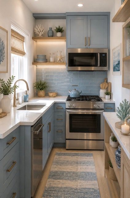 Compact coastal kitchen with dusty blue shaker cabinets, white quartz countertops, floating wood shelves, brass hardware, stainless steel appliances, and soft blue tile backsplash.