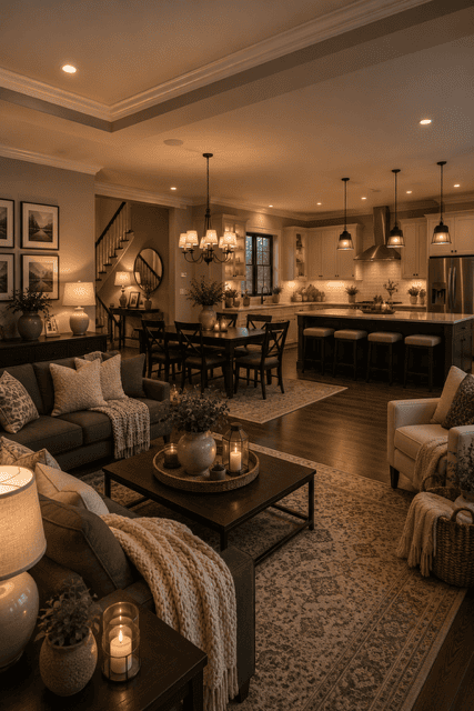 Modern farmhouse open concept living room with sage green kitchen, wooden beams, neutral seating, and bright dining space filled with natural light.