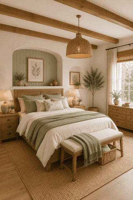 Warm sage green bedroom featuring exposed wood ceiling beams, layered bedding, woven pendant light, natural furniture, and cozy sage green home decor ideas.