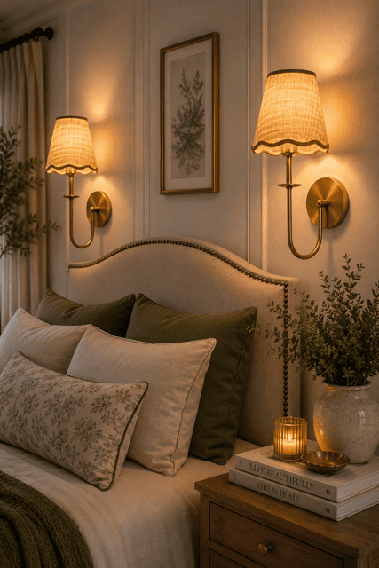 Brass wall sconces with warm light framing an elegant upholstered bed