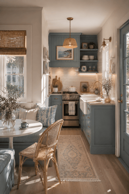 Charming coastal cottage kitchen featuring pastel blue cabinets, built-in breakfast nook, woven dining chairs, farmhouse sink, white countertops, and soft natural morning light.