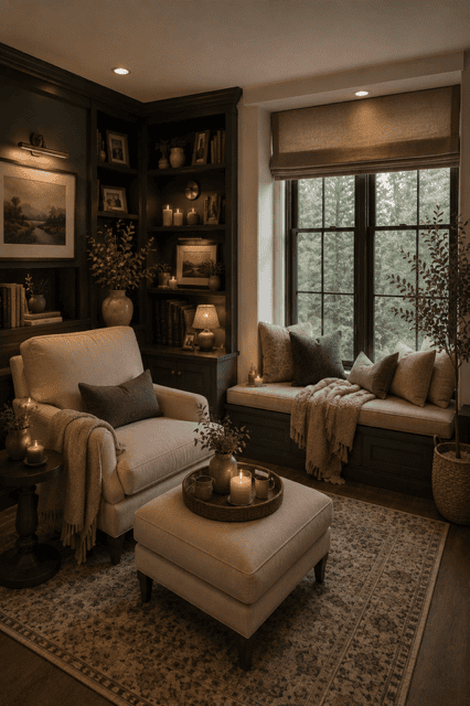 Cozy Neutral Home Decor reading corner featuring a plush armchair, built-in bookshelves, candle decor, soft knit throw, warm lighting, and calming natural textures.