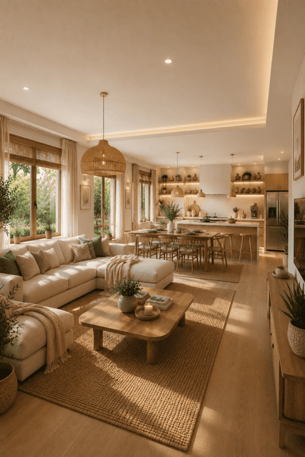 Scandinavian open concept living room, kitchen, and dining space featuring warm wood finishes, woven lighting, neutral furniture, and abundant natural light.