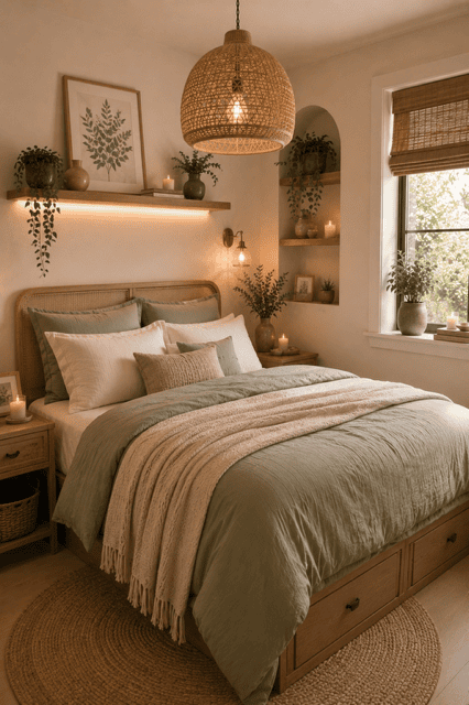 Cozy sage green bedroom with layered bedding, woven pendant light, natural wood furniture, floating shelves, candles, indoor plants, and relaxing cozy sage green home decor ideas.