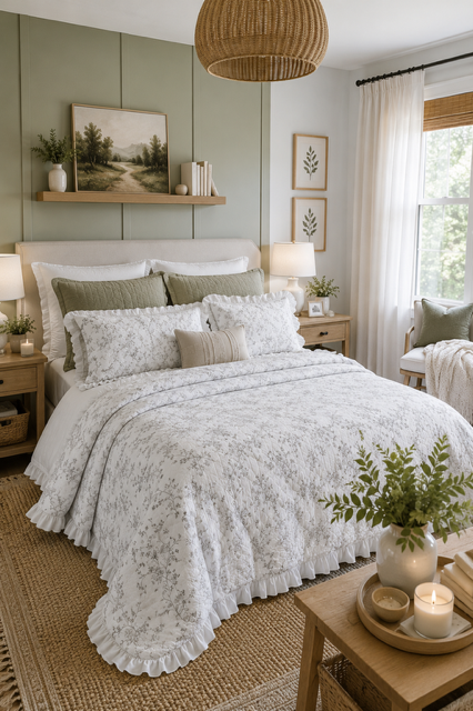Floral Comforter Sets decorating a charming cottage-style bedroom with sage green accent wall, botanical artwork, wooden furniture, layered pillows, warm lighting, and soft cozy home decor.