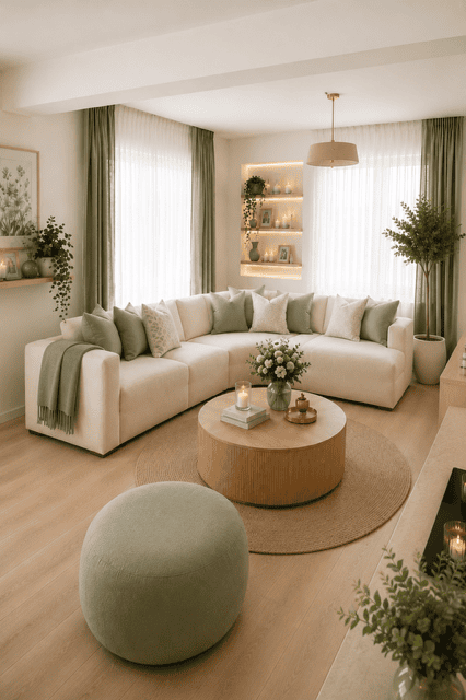 Bright sage green living room with a large cream sectional sofa, soft green accent pillows, round wood coffee table, natural light, and cozy modern home decor ideas.
