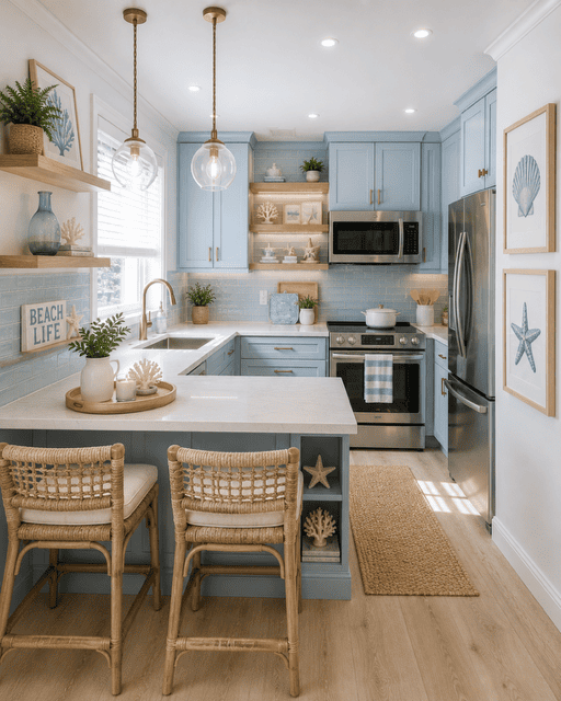 Spacious beach-inspired kitchen featuring pastel blue cabinets, white waterfall island, woven counter stools, coastal wall art, floating wood shelves, and bright natural lighting.