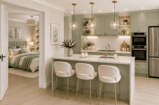 Modern sage green kitchen featuring shaker cabinets, white quartz countertops, gold hardware, pendant lighting, spacious island seating, and timeless home decor inspiration.
