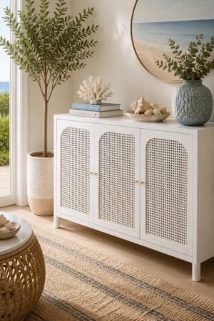 White 3 door rattan sideboard cabinet with woven cane doors, coastal décor accents, and modern farmhouse styling in a bright living room.