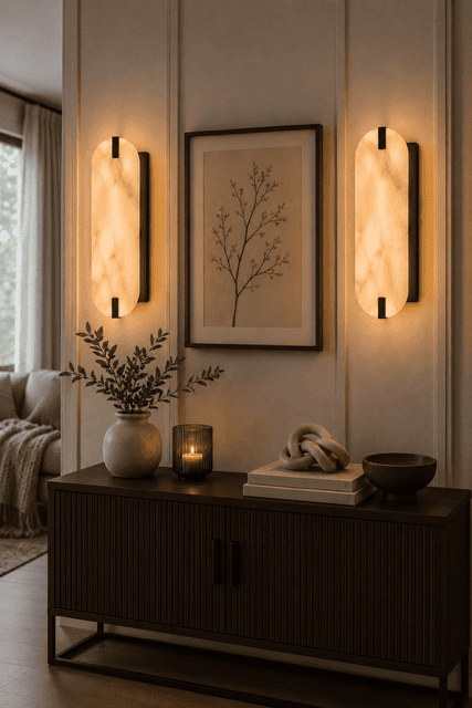 Warm vertical wall sconces highlighting artwork above a dark wood console table