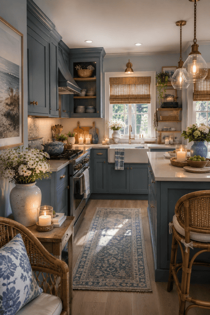Elegant coastal kitchen featuring deep blue cabinets, farmhouse sink, white island, glowing candles, woven furniture, brass lighting, and layered cozy beach house decor.