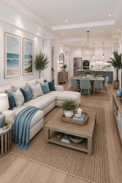 Bright coastal-inspired open concept living room, kitchen, and dining area with blue accents, neutral furniture, natural wood flooring, and soft modern décor.