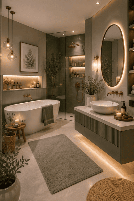 Modern sage green bathroom featuring a floating vanity, oval backlit mirror, walk-in glass shower, freestanding bathtub, brass fixtures, and cozy sage green home decor ideas for a luxurious spa feel.