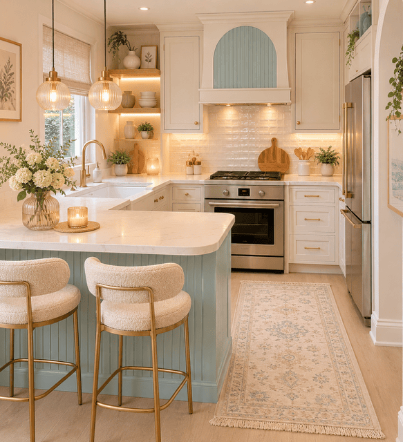 Minimal coastal kitchen featuring pale blue cabinetry, white island, woven wooden bar stools, brass fixtures, stainless steel appliances, fresh greenery, and a bright airy design.