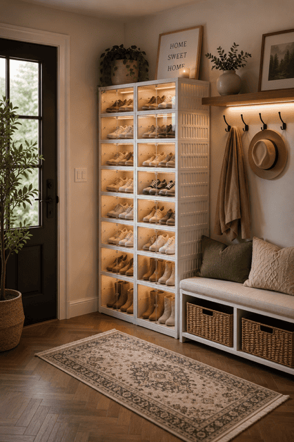 Stylish entryway with illuminated shoe storage cabinet, woven baskets, wooden bench, and organized mudroom connected to an open concept home.