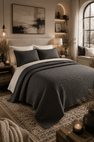 Cozy neutral bedroom featuring a modern upholstered bed, charcoal comforter, decorative pillows, vintage area rug, wooden nightstands, table lamps, pendant light, wall art, window bench, candles, indoor plants, and elegant American bedroom decor.