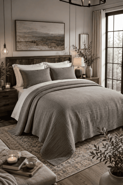 Light Gray Comforter Sets showcased in a modern farmhouse bedroom with a rustic wooden bed, soft neutral decor, warm bedside lighting, textured bedding, contemporary artwork, and cozy American bedroom styling.
