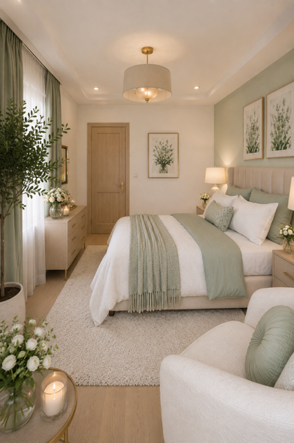 Modern Sage Green Comforter Sets featured in a calming bedroom with upholstered bed, soft neutral rug, botanical decor, layered bedding, warm bedside lamps, and contemporary farmhouse style.