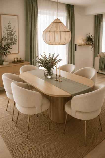 Modern dining room with a light wood table, boucle dining chairs, sage green table runner, statement pendant light, and warm neutral decor creating a cozy dining space.