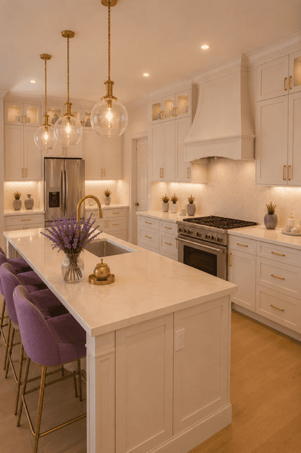 Modern white kitchen featuring a large island, lavender bar stools, fresh lavender flowers, gold hardware, pendant lights, and elegant cabinetry.