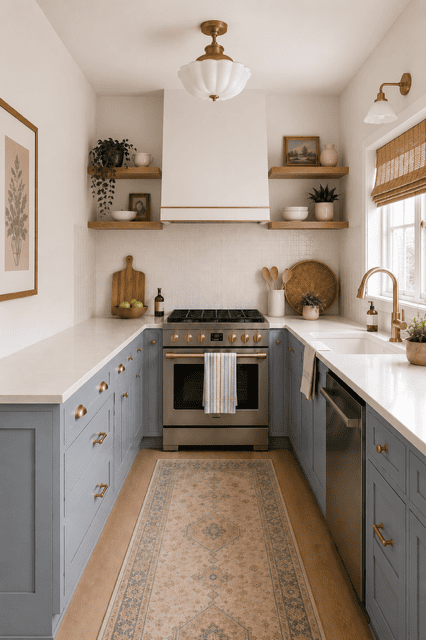 Modern galley kitchen with soft blue cabinetry, white countertops, brass fixtures, floating wood shelves, decorative range hood, and a vintage runner rug for a timeless coastal look.
