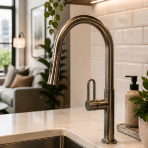 Modern brushed nickel pull down kitchen faucet with pull-out sprayer installed on a white quartz countertop and stainless steel sink in a contemporary kitchen.