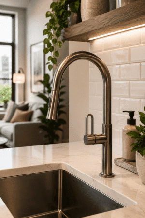 Modern brushed nickel pull down kitchen faucet with pull-out sprayer installed on a white quartz countertop and stainless steel sink in a contemporary kitchen.