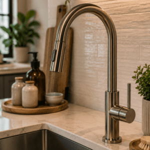 Modern brushed nickel pull down kitchen faucet with a high-arc spout installed on a white quartz countertop beside a stainless steel sink.