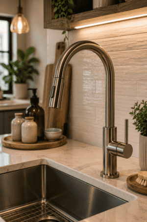 Modern brushed nickel pull down kitchen faucet with a high-arc spout installed on a white quartz countertop beside a stainless steel sink.