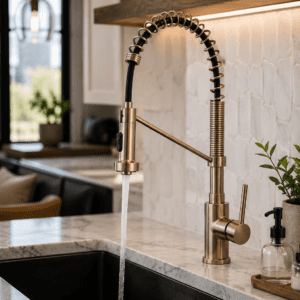 Commercial style spring kitchen faucet with pull down spray head and brushed nickel finish installed over a deep stainless steel sink.