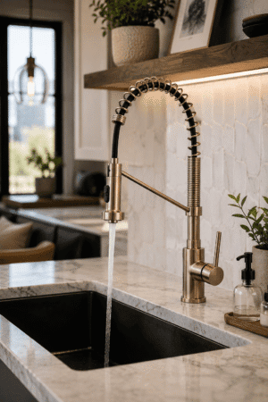 Commercial style spring kitchen faucet with pull down spray head and brushed nickel finish installed over a deep stainless steel sink.
