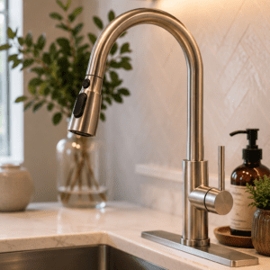 Modern brushed nickel pull-down kitchen faucet with a high-arc spout installed beside a stainless steel sink in a bright contemporary kitchen.