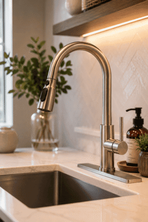 Modern brushed nickel pull-down kitchen faucet with a high-arc spout installed beside a stainless steel sink in a bright contemporary kitchen.