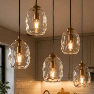 Modern wavy clear glass pendant lights with warm brass finish hanging above a contemporary kitchen island.