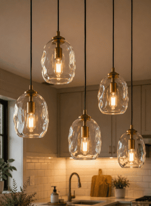 Modern wavy clear glass pendant lights with warm brass finish hanging above a contemporary kitchen island.