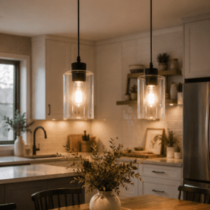 Minimalist clear cylinder glass pendant lights with matte black finish hanging above a modern kitchen island.