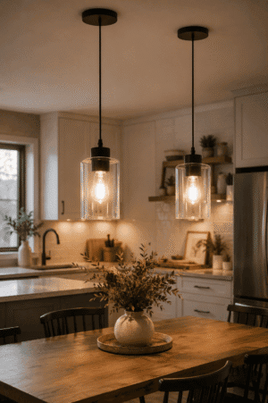 Minimalist clear cylinder glass pendant lights with matte black finish hanging above a modern kitchen island.