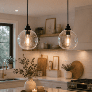 Round clear globe glass pendant lights with black finish illuminating a cozy modern kitchen.