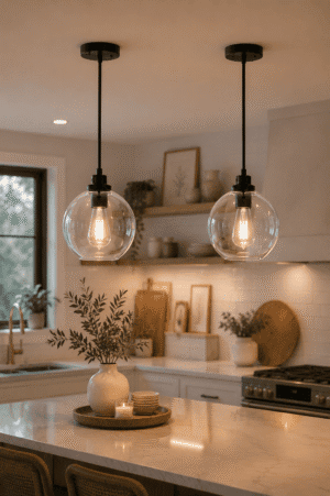 Round clear globe glass pendant lights with black finish illuminating a cozy modern kitchen.