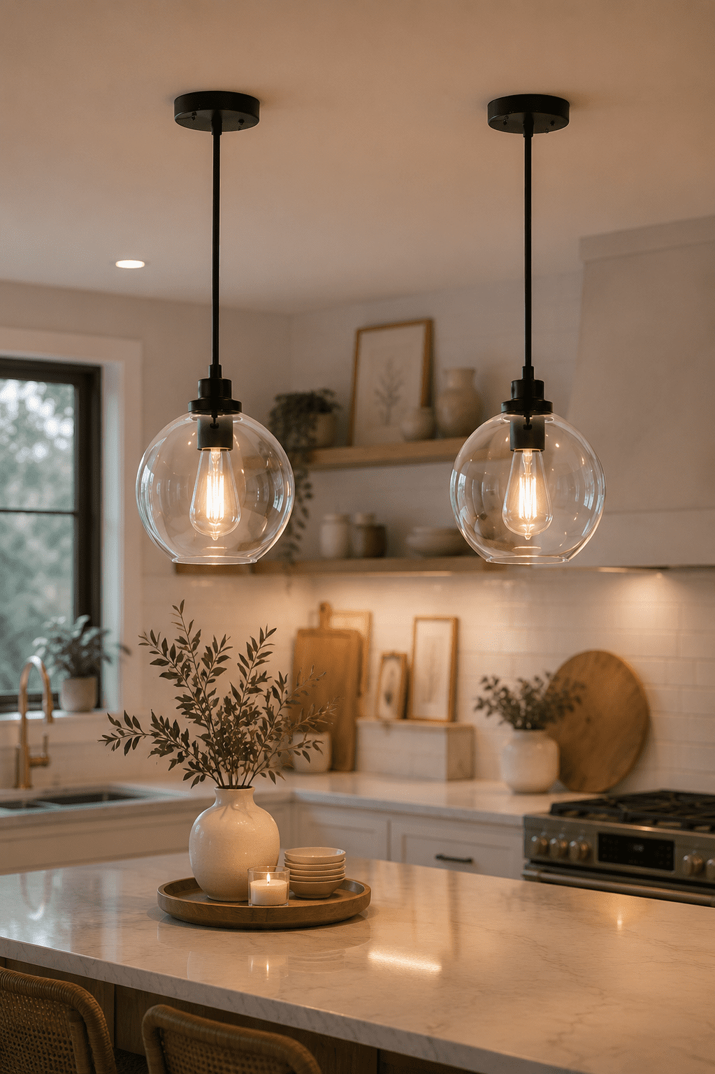 Round clear globe glass pendant lights with black finish illuminating a cozy modern kitchen.