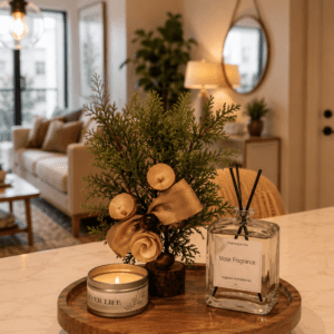 Decorative wooden tray featuring a scented candle, reed diffuser, and tabletop greenery styled on a modern kitchen island.