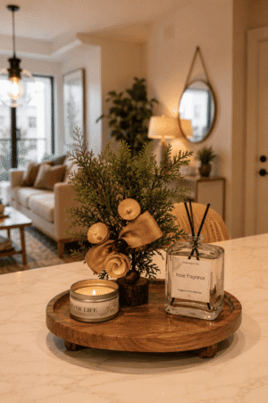 Decorative wooden tray featuring a scented candle, reed diffuser, and tabletop greenery styled on a modern kitchen island.