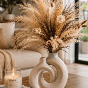 Modern ceramic donut vases with a dried pampas grass arrangement and scented candle styled on a wooden coffee table in a cozy living room.