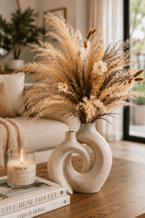 Modern ceramic donut vases with a dried pampas grass arrangement and scented candle styled on a wooden coffee table in a cozy living room.