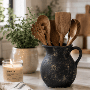 Rustic black ceramic utensil holder filled with wooden cooking utensils on a modern kitchen countertop with cozy farmhouse decor.