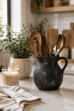 Rustic black ceramic utensil holder filled with wooden cooking utensils on a modern kitchen countertop with cozy farmhouse decor.