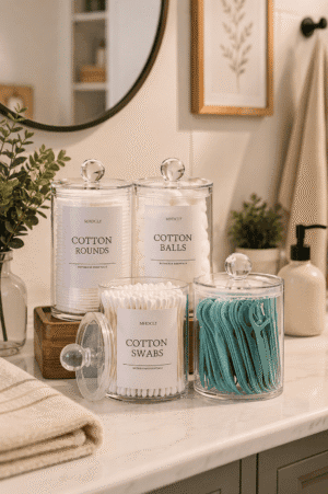 Clear acrylic bathroom storage canister set with cotton rounds, cotton balls, cotton swabs, and dental floss picks displayed on a modern bathroom vanity.