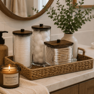 Rustic bathroom organizer set with clear storage jars, wooden lids, woven tray, cotton balls, cotton swabs, cotton rounds, eucalyptus vase, and scented candle on a cozy bathroom vanity.