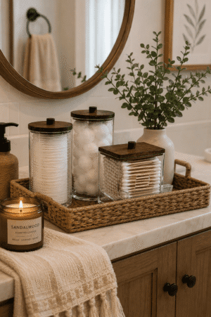 Rustic bathroom organizer set with clear storage jars, wooden lids, woven tray, cotton balls, cotton swabs, cotton rounds, eucalyptus vase, and scented candle on a cozy bathroom vanity.